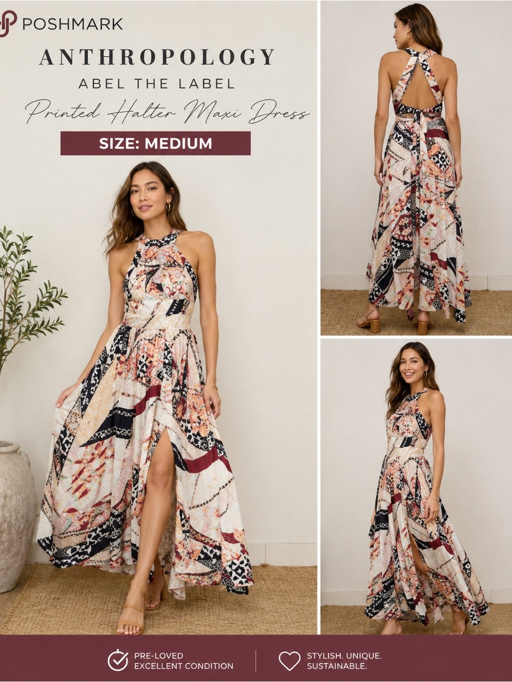 Anthropology brand Orange and White Sleeveless Halter Maxi Dress